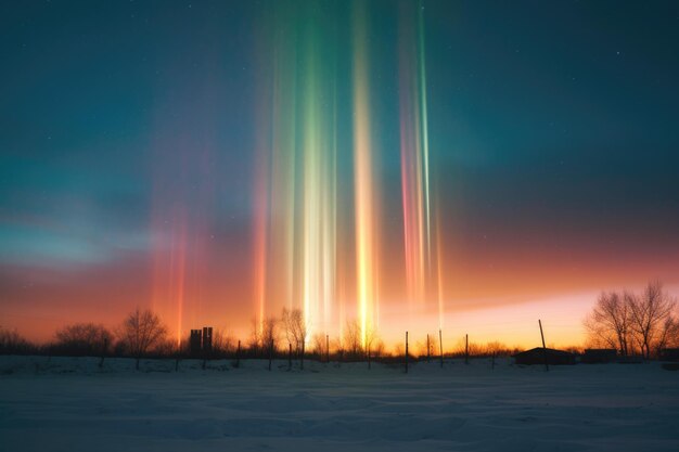 Pilares de luz que crean un efecto de arco iris en el cielo creado con IA generativa