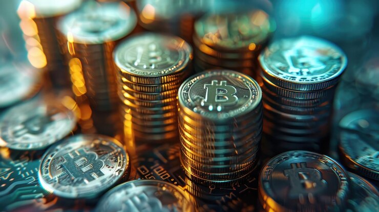 Pilas de bitcoins y monedas de criptomonedas que destacan las oportunidades de finanzas e inversiones digitales