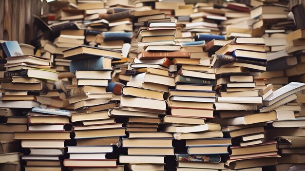 Pilas caóticas de libros viejos en una biblioteca en un día soleado