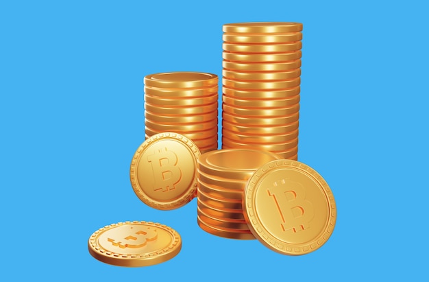 Pilas de criptomonedas bitcoins. Ilustración de render 3d