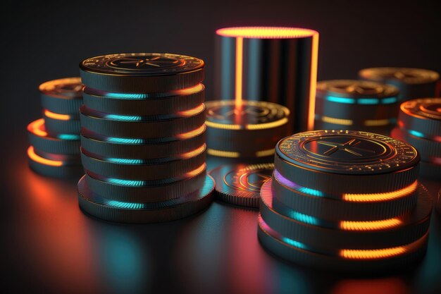 Pilas de criptomonedas de monedas sobre fondo oscuro en la generación de IA con luz de neón