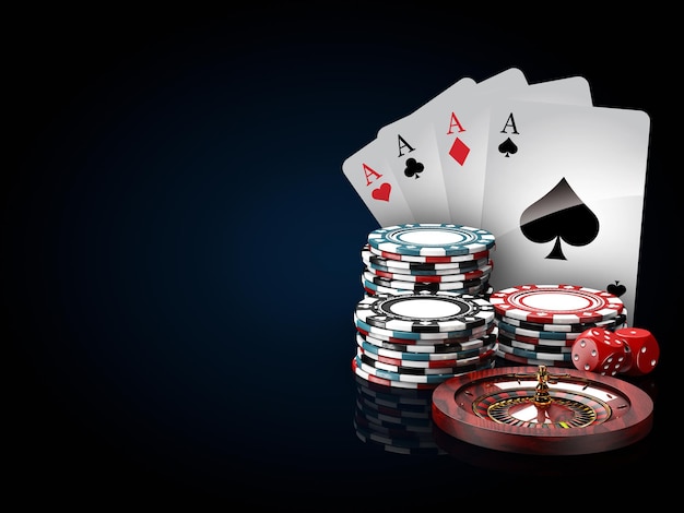 Pilas de fichas de casino con cartas de juego de ruleta y dados