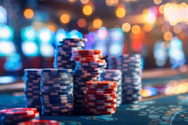 Foto pilas de fichas de póquer mesa de juego en el casino primer plano disparado apilado fichas de juego estandarte del casino