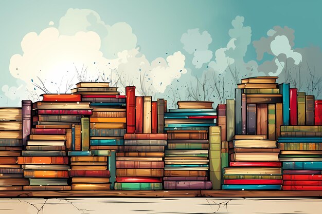Pilas ilustradas de libros de varios tamaños y colores.