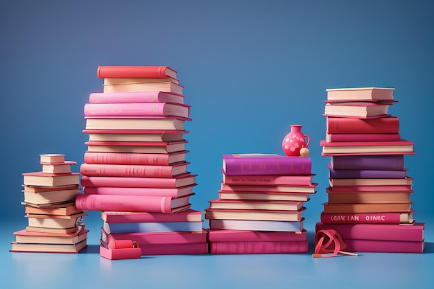 Pilas de libros rosados sobre un fondo azul