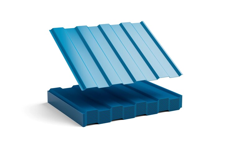 Foto pilas metálicas azul marino 3d de hierro galvanizado corrugado para hojas de techo ilustración 3d