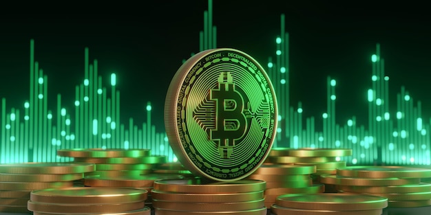 Las pilas de monedas de Bitcoin con visualización de datos verdes