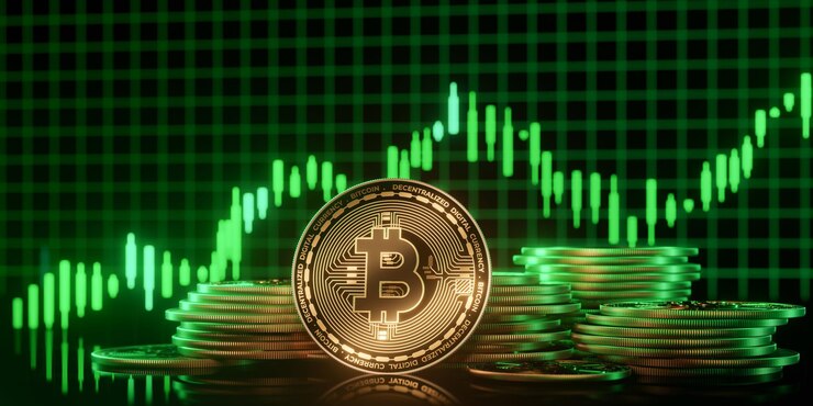 Foto las pilas de monedas de bitcoin con visualización de datos verdes
