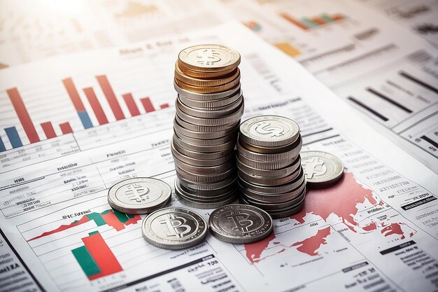 Las pilas de monedas de concepto de negocio en el periódico con gráficos financieros, estadísticas de negocios y el fondo del mapa del mundo