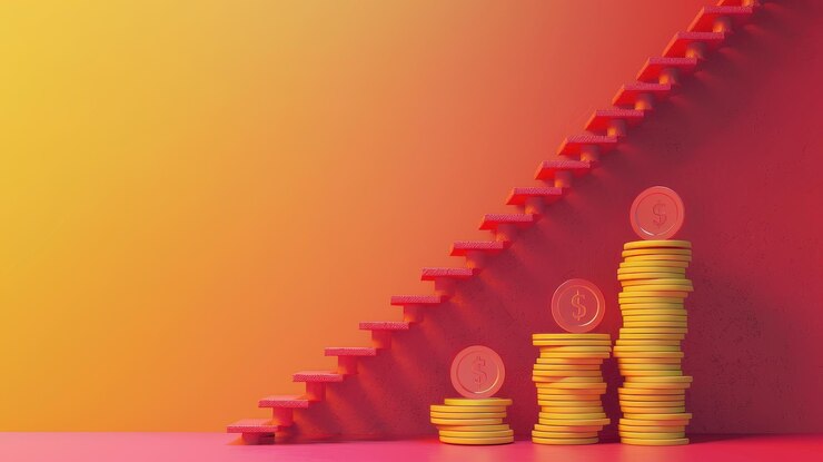 Pilas de monedas con una escalera ascendente sobre un fondo amarillo y naranja