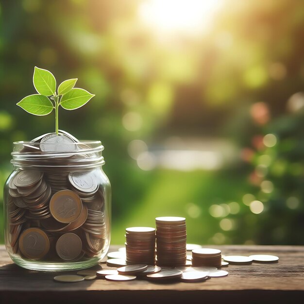 Pilas de monedas y frasco de ahorro con árboles creciendo en la parte superior concepto de beneficio de inversión de crecimiento