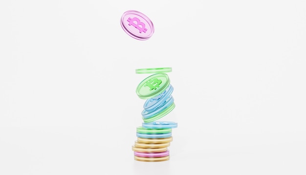 Pilas de monedas de moneda criptográfica Bitcoin, concepto de inversión en comercio electrónico, 3D Render sobre fondo blanco.