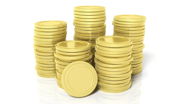 Pilas de monedas de oro en blanco aislado sobre fondo blanco.