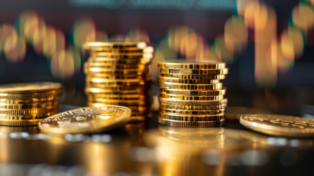 Pilas de monedas de oro con el gráfico de la bolsa de valores en el fondo de la noche