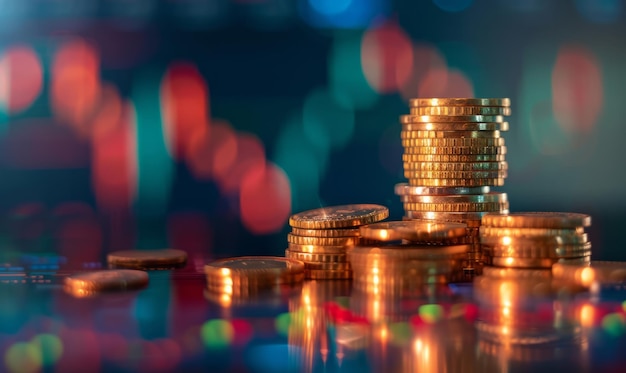 Pilas de monedas de oro con luces borrosas en el fondo