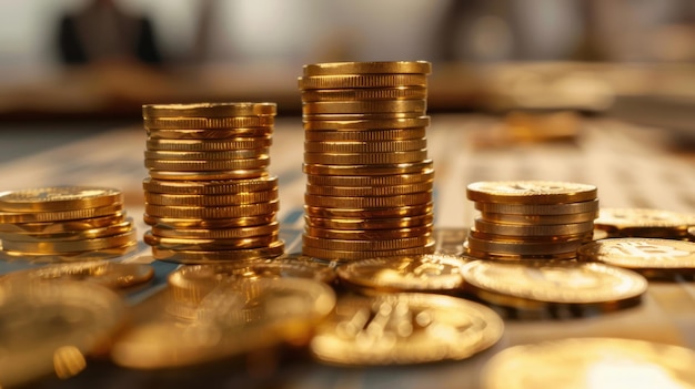 Pilas de monedas de oro en una mesa con un fondo de reunión de negocios enfocado en la riqueza