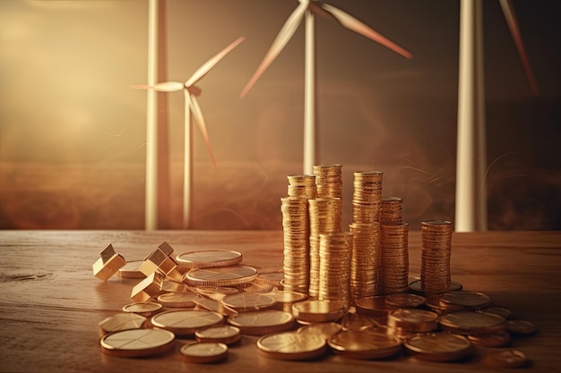 Pilas de monedas de oro con molinos de viento en el fondo Retorno de la inversión en energía limpia renovable