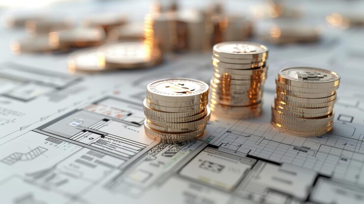 Pilas de monedas de oro en planos arquitectónicos Planificación financiera y concepto de construcción Plano