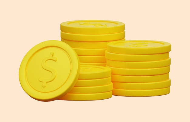 Pilas de monedas de oro con un signo de dólar en una representación 3d de fondo aislado