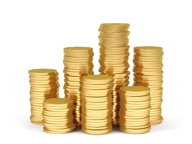 Pilas de monedas de oro sobre un fondo blanco