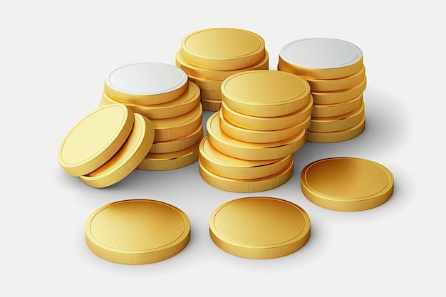 Pilas de monedas de oro sobre un fondo blanco.