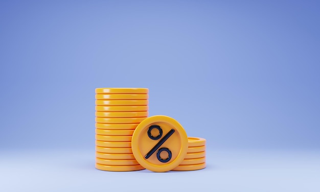 Foto pilas de monedas de renderizado 3d con icono de porcentaje aislado sobre fondo azul ilustración 3d