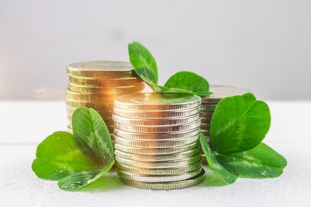 Pilas de monedas rusas con hojas de trébol sobre un fondo gris con gotas de agua Día de San Patricio