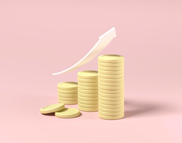 Las pilas de monedas y el signo de la flecha crecen Crecimiento financiero Inversión exitosa Rendering 3D