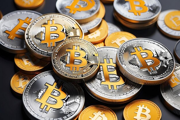 Pilas de monedas con el símbolo de la moneda criptográfica bitcoin