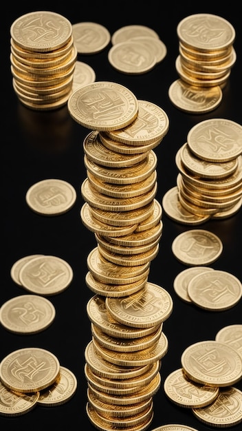 Pilas de monedas sobre un fondo negro Monedas de oro antiguas generadas por la IA