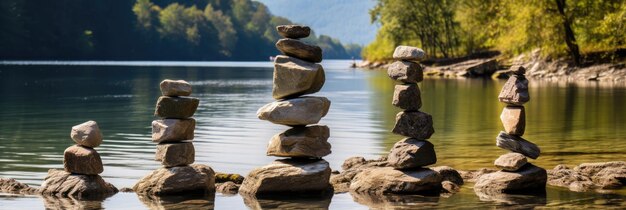 Pilas de piedras apiladas a la orilla del río en el fondo en el estilo de lienzo en forma