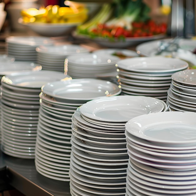 Pilas de platos limpios en el desayuno del hotel Buffet platos blancos