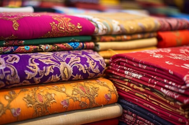 Pilas de textiles ornamentados en un mercado