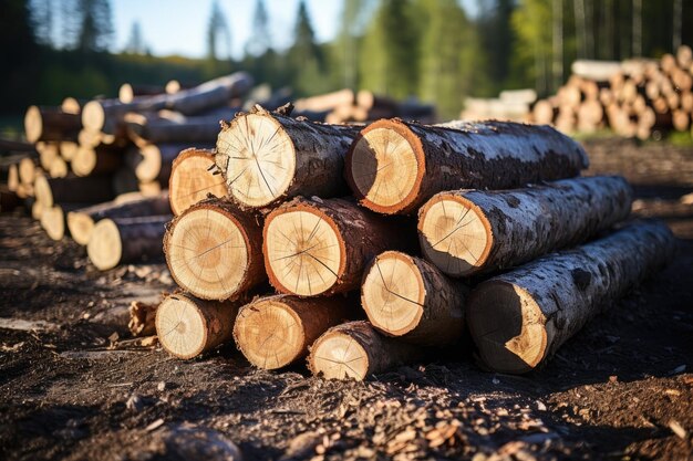 Pilas de troncos a lo largo del camino forestal Bosque de pinos y abetos IA generativa