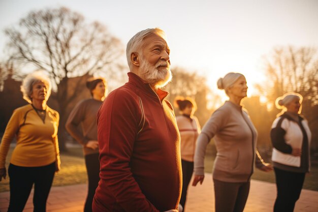 Pilates-Übungen und glückliche ältere Freundesgruppe oder Frauen und Männer für Fitness in der Natur