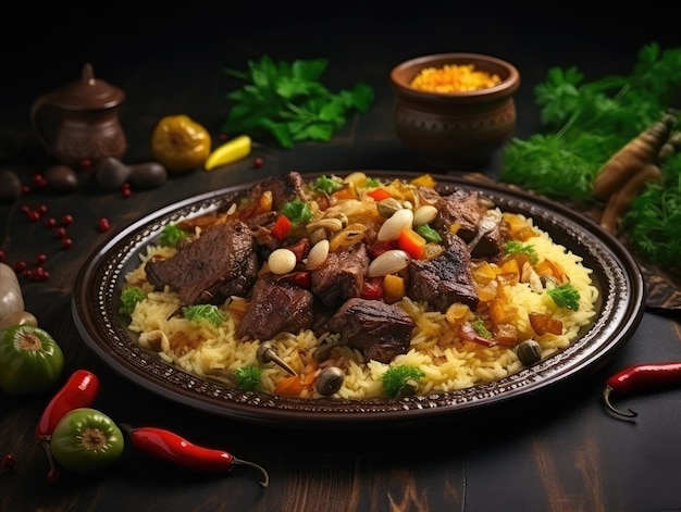 Pilau em prato verde carne de vaca pilaf prato tradicional do azerbaijão plov também conhecido como polow pilav pallao pulao palau asiático ilustração ai generativa