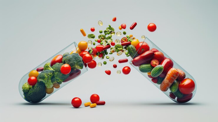 Una píldora abierta con verduras y frutas frescas derramando vitaminas derivadas