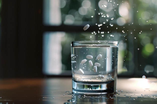 Foto la píldora se disuelve en agua