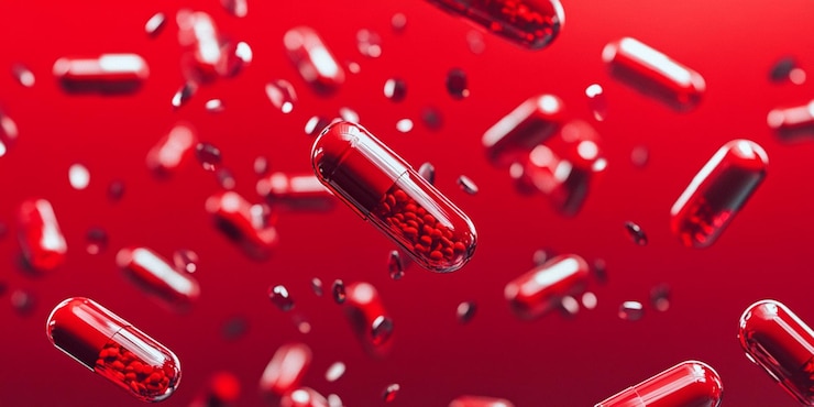 una píldora roja con letras rojas que dicen pastillas