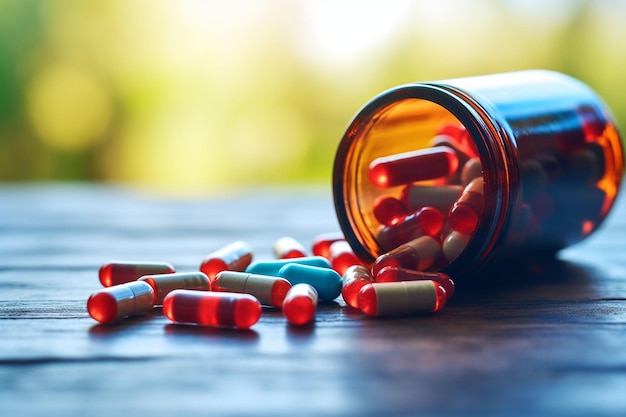 La píldora roja de la medicina en la salud palabra borrosa fondo azul suplemento de vitamina de colores
