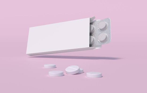 Foto píldoras blancas en blíster en embalaje de cartón plantilla de maqueta representación 3d