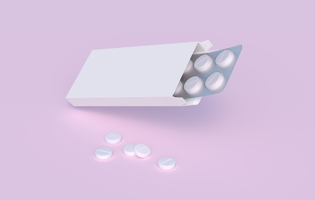 Píldoras blancas en blíster en embalaje de cartón Plantilla de maqueta Representación 3d