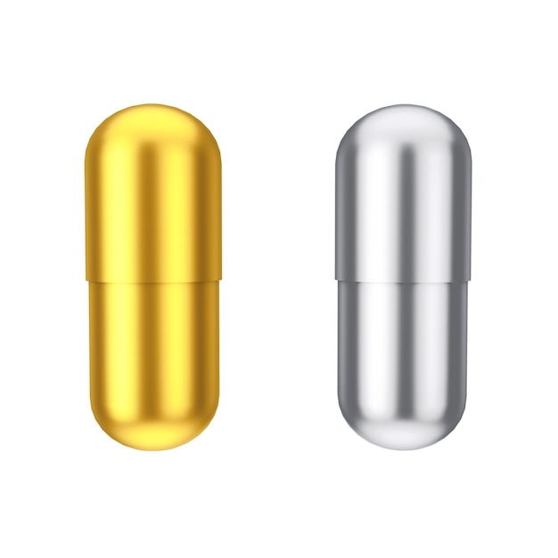 Píldoras de cápsula de drogas farmacéuticas médicas de oro y plata sobre un fondo blanco. Representación 3D