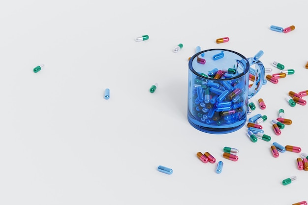 Píldoras de cápsula en taza de vidrio sobre fondo blanco, concepto médico de atención médica, antibióticos y cura, presentación 3d