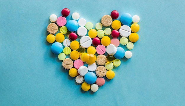 Píldoras de color en forma de corazón sobre un fondo azul concepto de medicina para el día de San Valentín