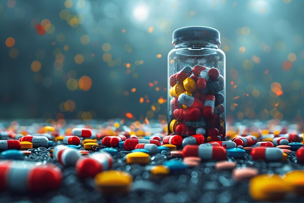 Píldoras coloridas en frasco de vidrio IA generativa