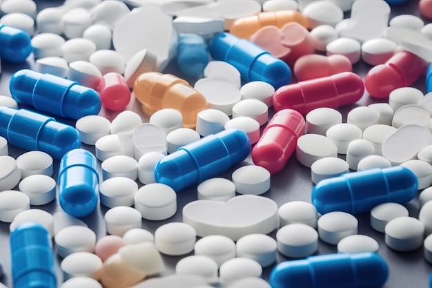 Píldoras de drogas o medicamentos sobre la mesa en un fondo blanco