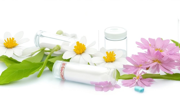 Píldoras homeopáticas con flores de primavera sobre fondo blanco.