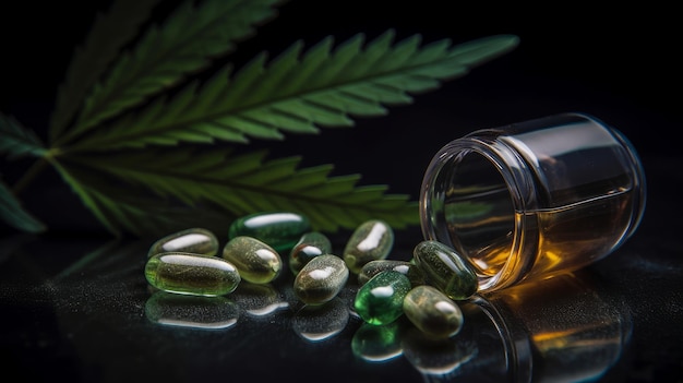 Píldoras médicas de CBD junto a una hoja de cannabis Al generada