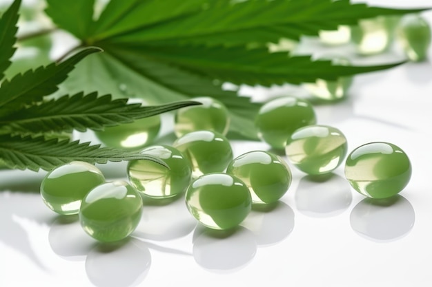 Píldoras médicas de CBD junto a hojas de cannabis IA generativa